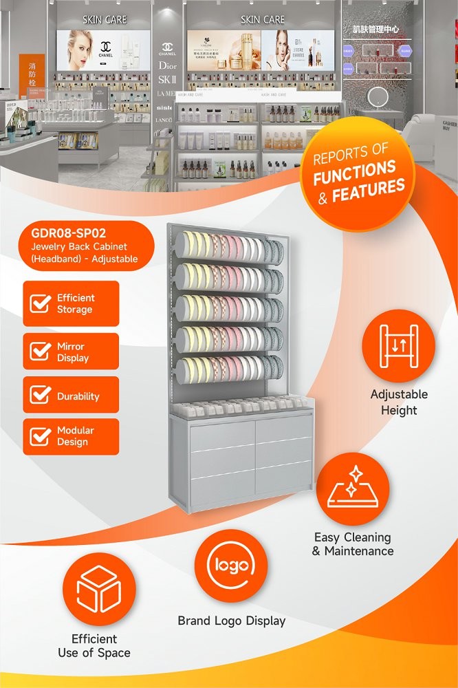 GDR08-SP02 Cosmetic Display Shelf with Gray Velvet Headband Cylinders and Efficient Storage for Cosmetics Retail Stores