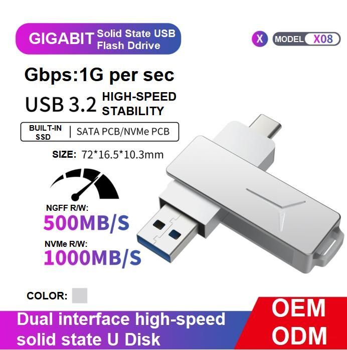 Dual Interface High-Speed Solid State U Disk Nvme Interface SATA PCB Gigabit Solid State USB Flash Drive