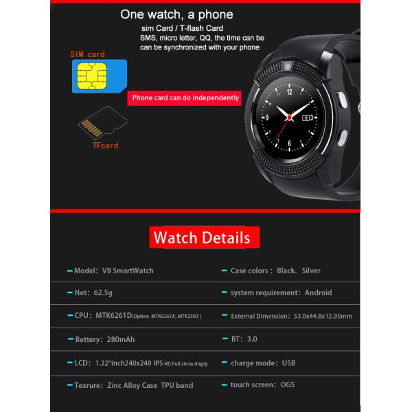Eraysun Sport Watch Anti-lost Smartwatch Support SIM TF Card Clock Smart Calling Watch Reloj Inteligente V8 Smart Watches