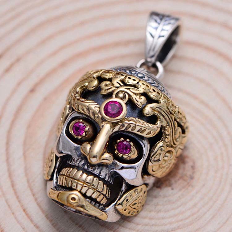 Vintage 925 Silver Golden Tone Skull Pendant Women Men Necklace (N20180406)