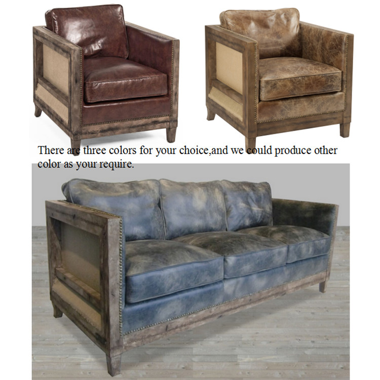 Deconstructed Look Farmhouse Vintage Leather Sofas Wooden Frame With Rivets