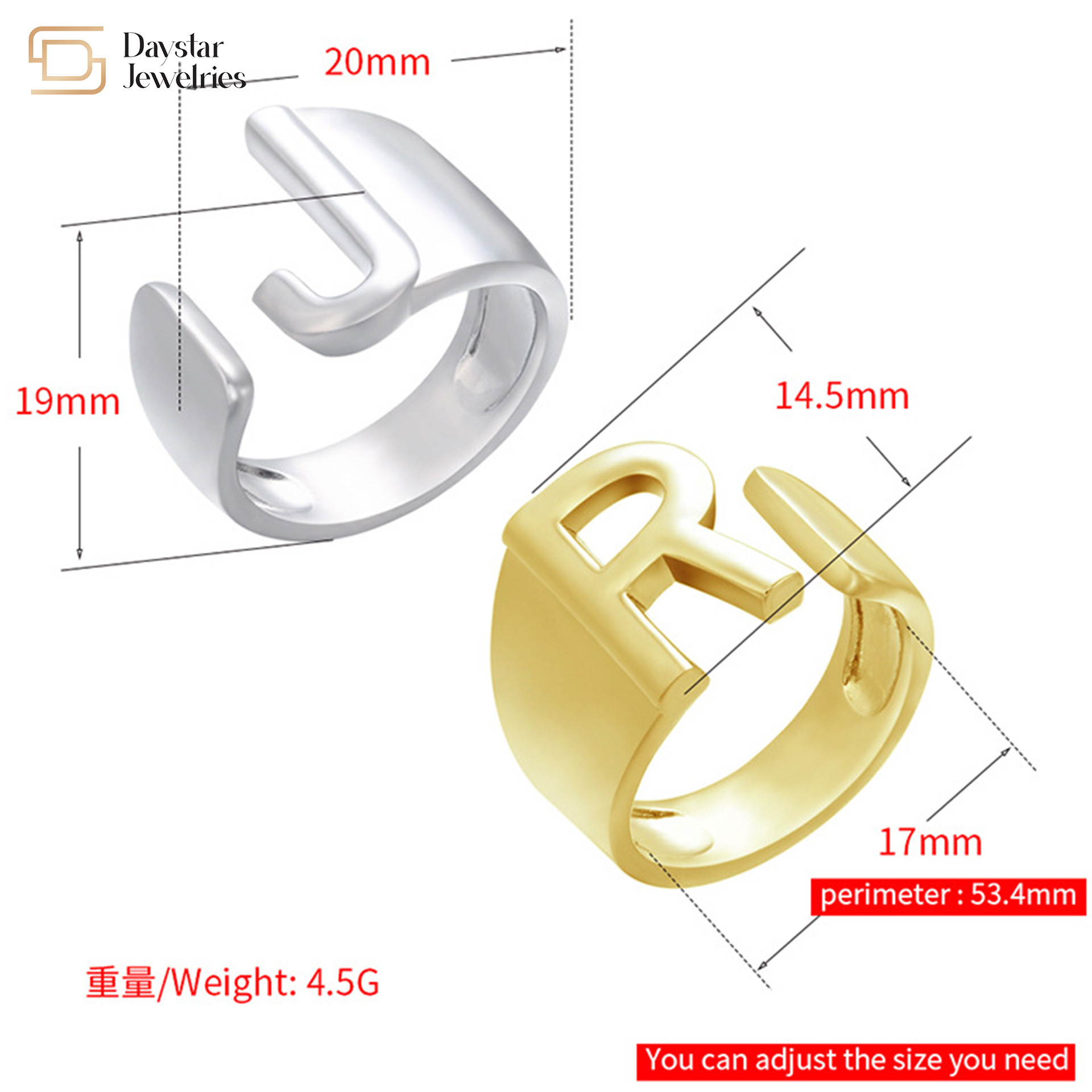 Gold Plated Adjustable Initial Letter Ring Custom Alphabet Chunky Jewelry