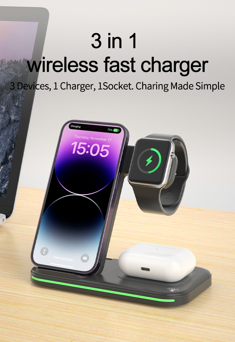15W Fast Charging Multifunction 3 In 1 Foldable Wireless Charger Stand For Iphone 15 14 13 11 Pro Max