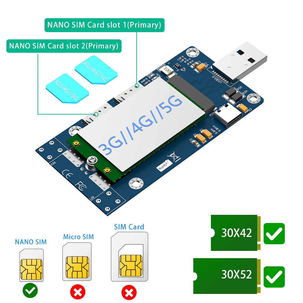 USB 3.0 & Type-C Auxiliary Power To NGFF M.2 B-Key Wireless Adapter Card With 2 NANO SIM Slot For 5G 4G LTE WWAN Modem Module.