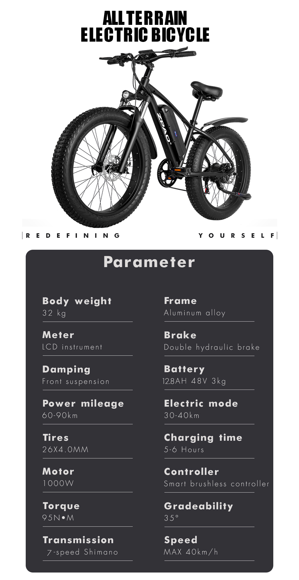 High Power 26 Inch 48V 1000W Fat Tyre Electric Bike With 14Ah - 17Ah Lithium Battery