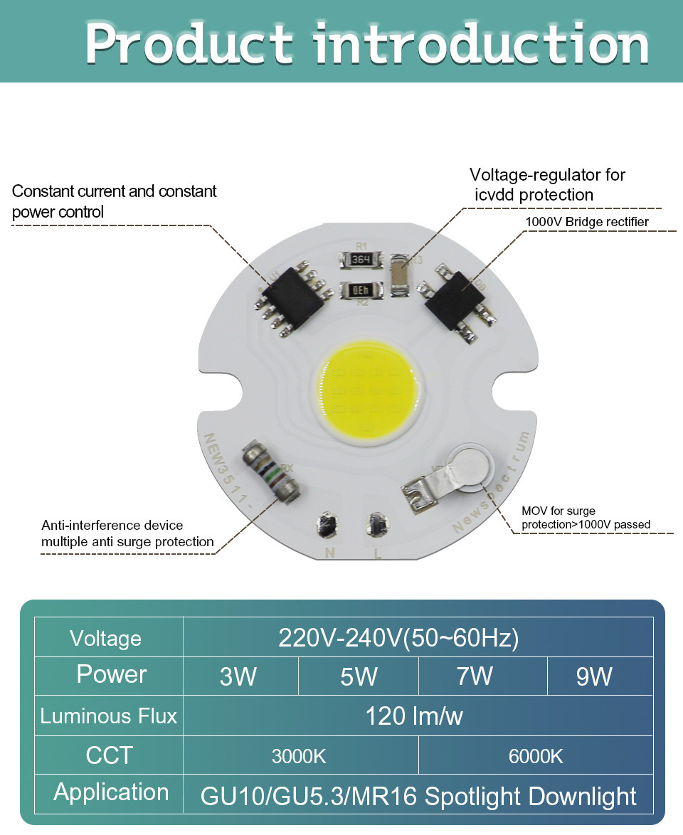 Matrix AC 220V 5w Cob Led Chip Intelligent IC High Color Rendering