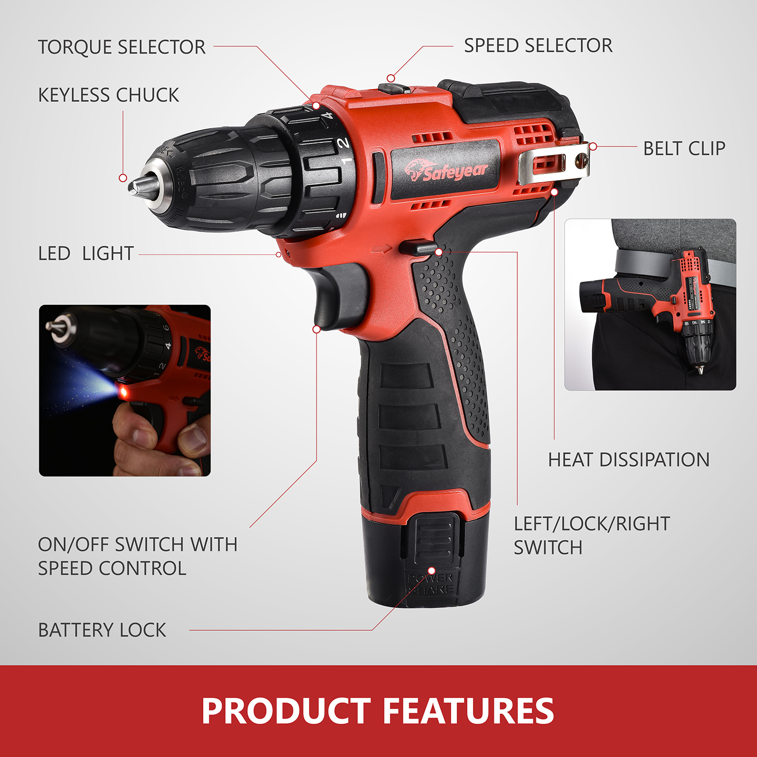 12 Volt Variable Speed Cordless Screwdriver 2 Battery Operated Hammer Drill Machine 25N.M