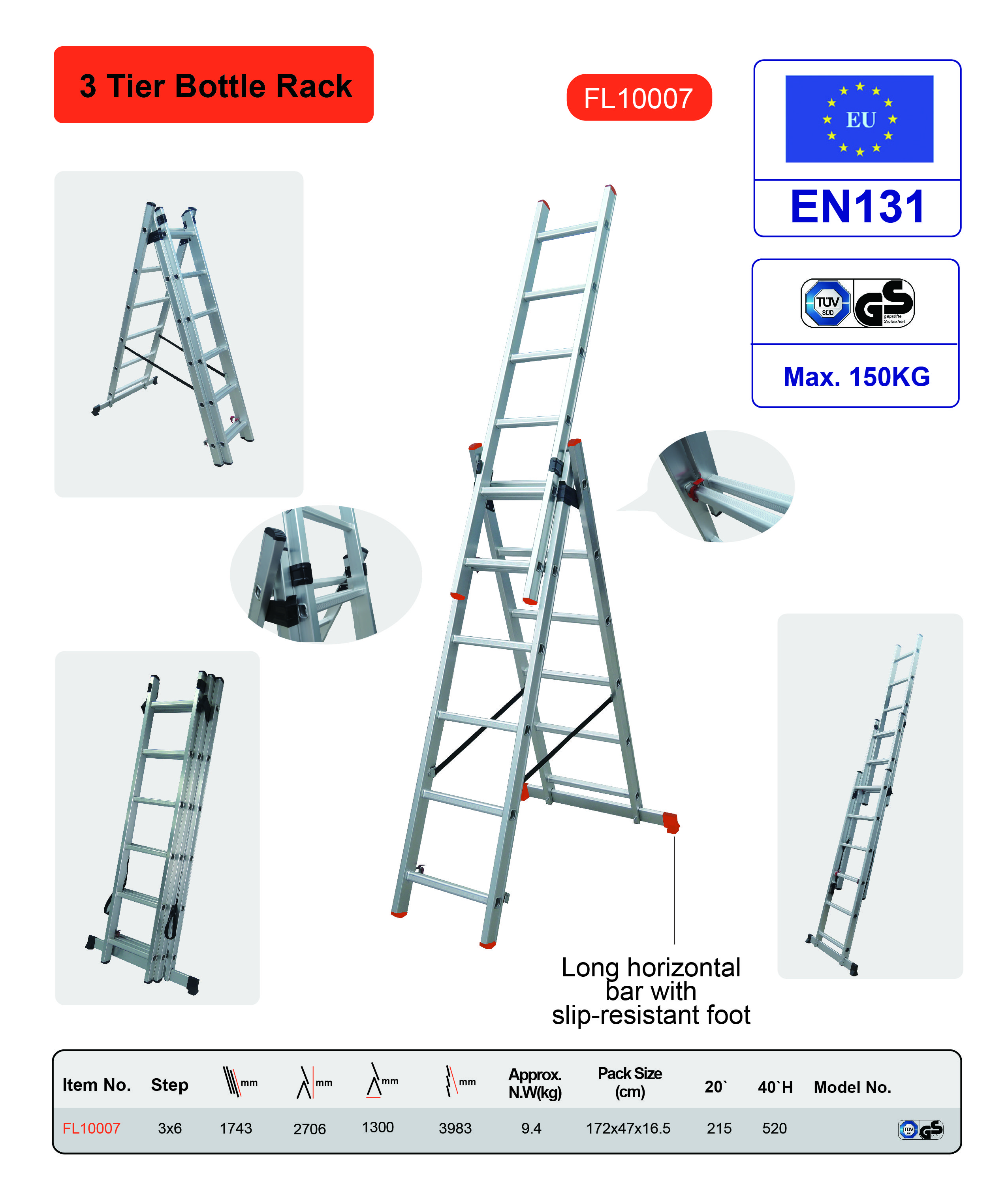 Robust Strength Aluminum Extension Ladder 3x6 With Non Marring Feet