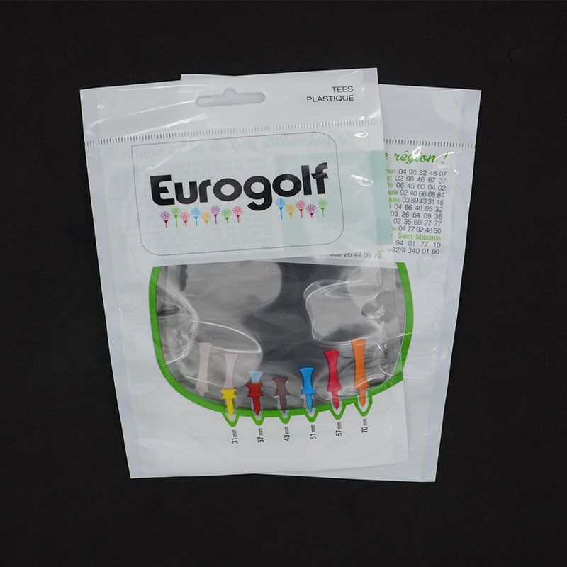 Customized logo OPP plastic golf bag with wooden golf tee/ 3 side seal laminated plastic bag with hanger