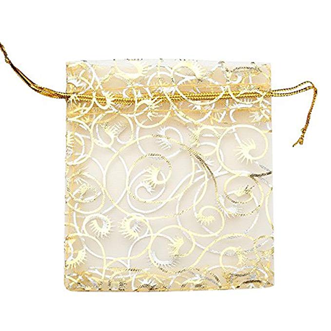 Yellow Mesh Jewelry Bags , Drawstring Jewelry Pouch Gold Silk Screen Printing