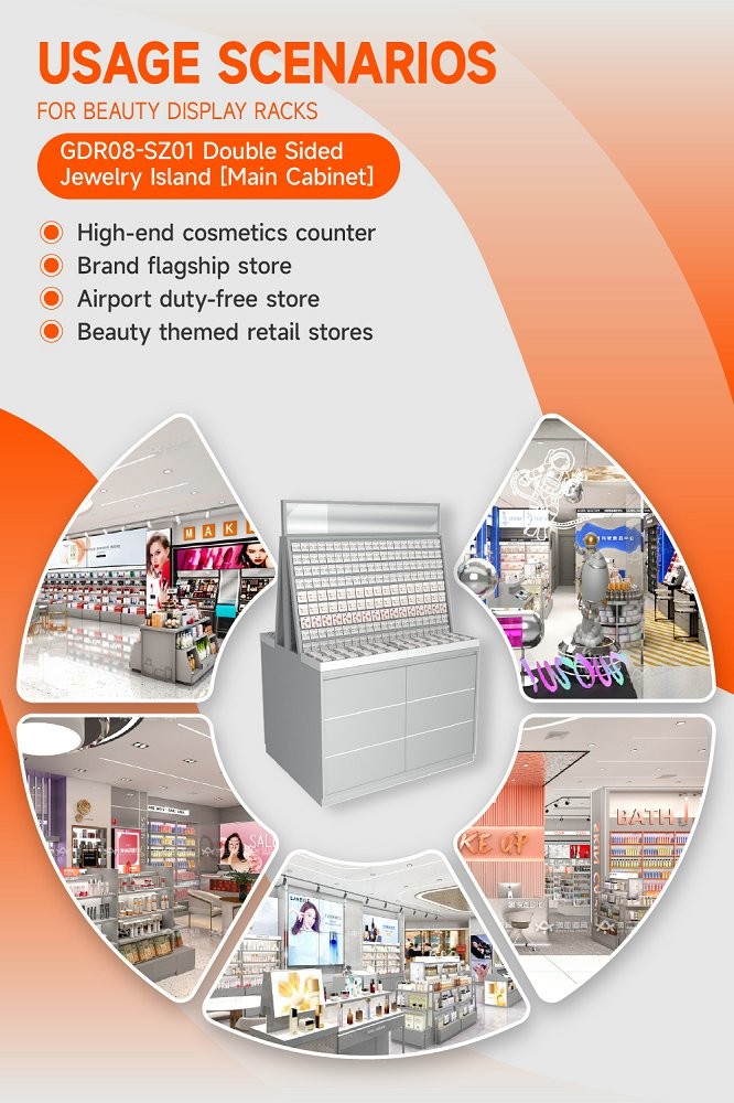 GDR08-SZ01 Retail Display Shelf with Gray Edging Strip and Adjustable Mirror for Cosmetics Retail Stores