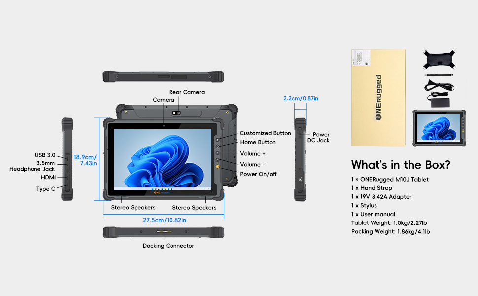 ONERugged M10J 10.1" Rugged Tablet Win11 Pro N5100 CPU IP65 Waterproof 4G/WiFi/BT5.0/NFC