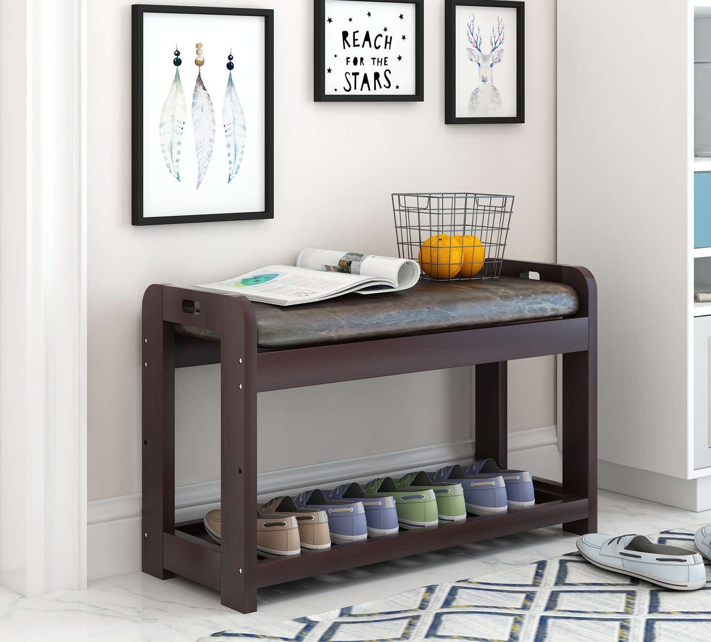 Multifunctional Entryway Shoe Bench Seat Shoe Rack Organizer 2 Tiers