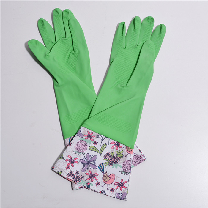 Long Sleeve Household Kitchen Rubber Gloves Flocklined Oil Proof With Beautiful Patterns