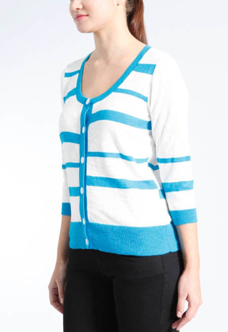 Stripe Slub Yarn Knit Cardigan Sweater 100 Cotton Material Careful Washing