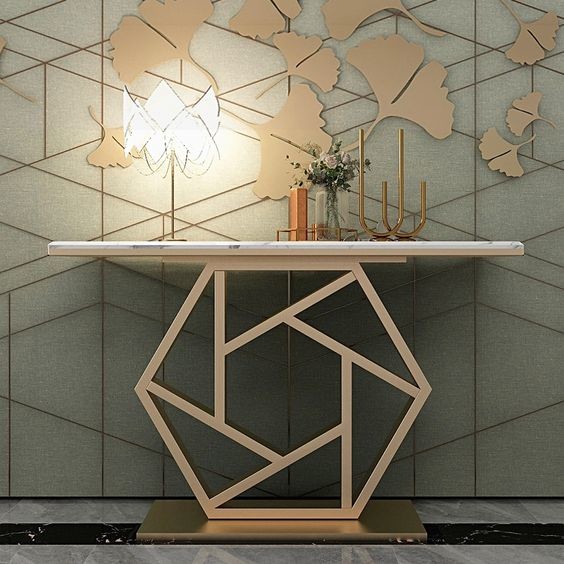 White Rectangular Stylish Tea Table Luxury Arrow Console In Gold 150X45X80