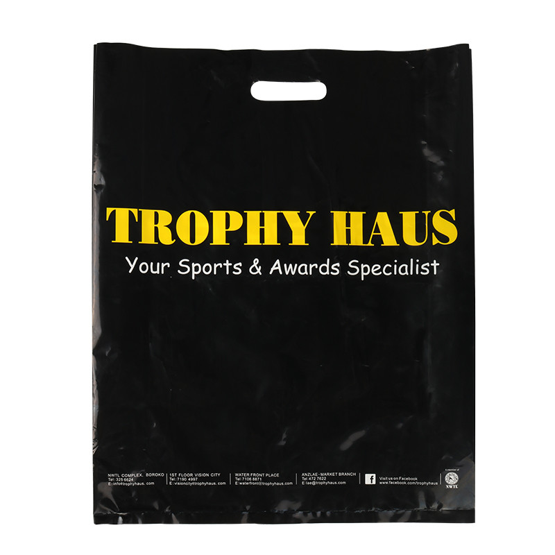 Custom Seize LDPE Die Cut Handle Plastic Retail Shopping Bags With Bottom Gusset