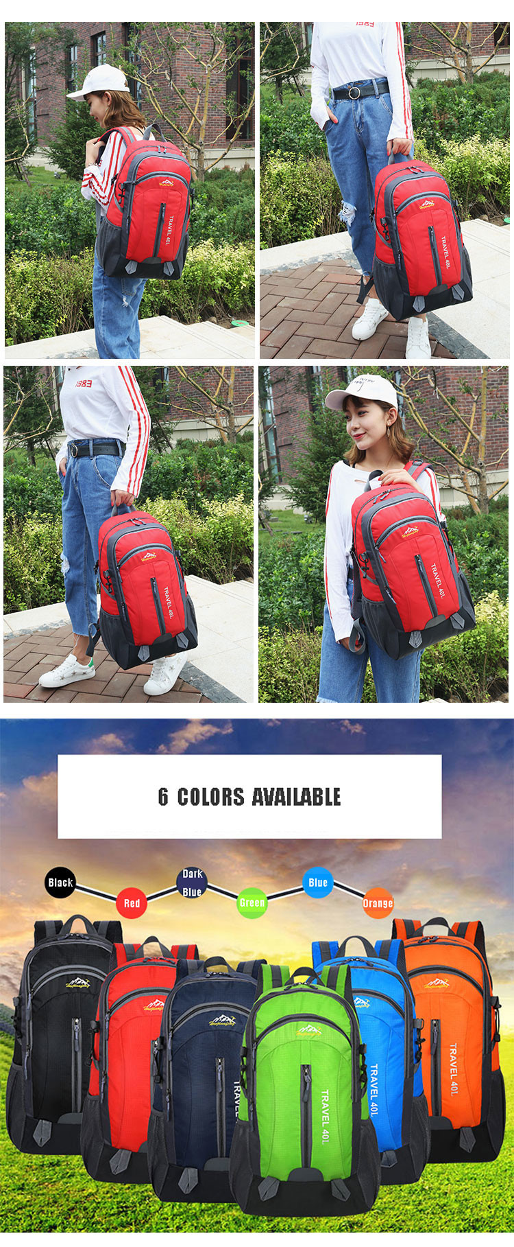 Orange 40L Waterproof Backpack 55cm Camping Travel Backpack With USB Charge Hole