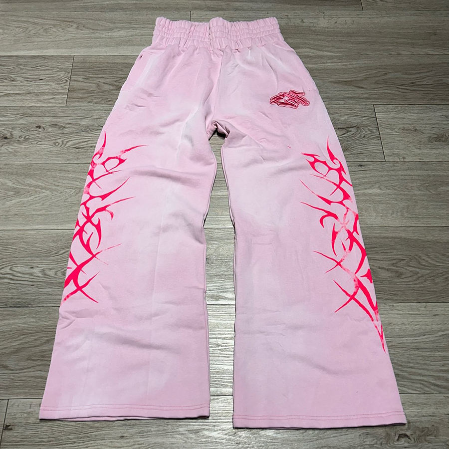 Custom Vintage Acid Wash Sun Faded Flared Sweat Wide Leg High Waist Track Pants Embroidery Rhinestone Oversized Baggy Sweatpants