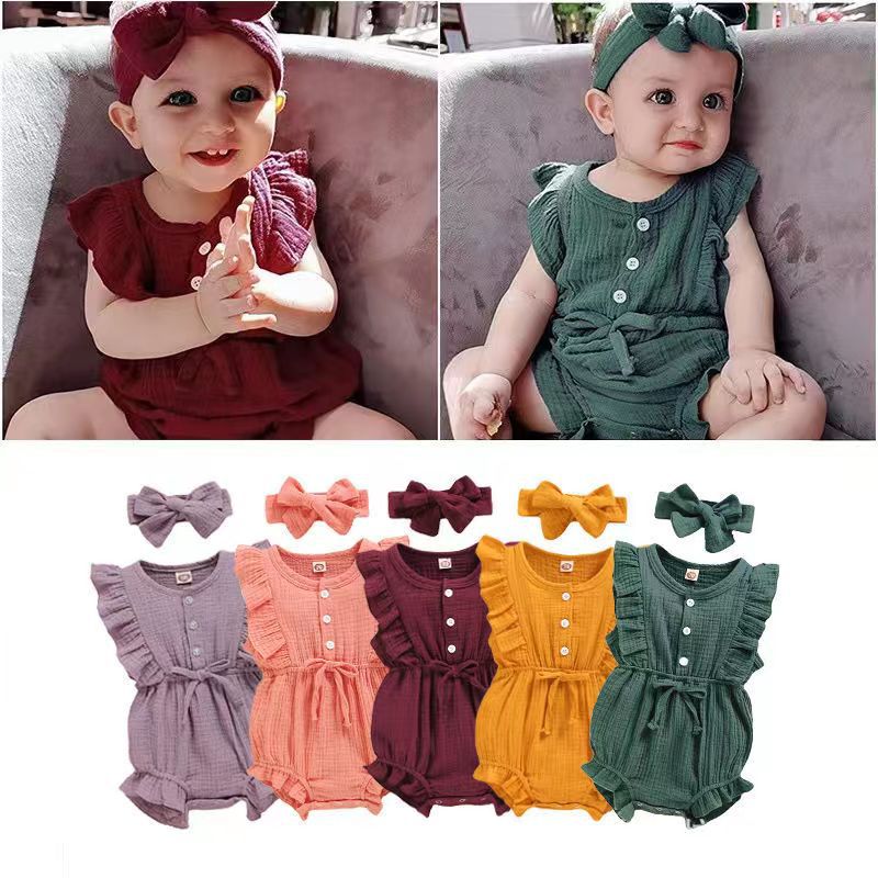 In Stock Summer Baby Girls Romper + Headband Cotton Linen Ruffles Sleeveless Infant Rompers Newborn Clothes