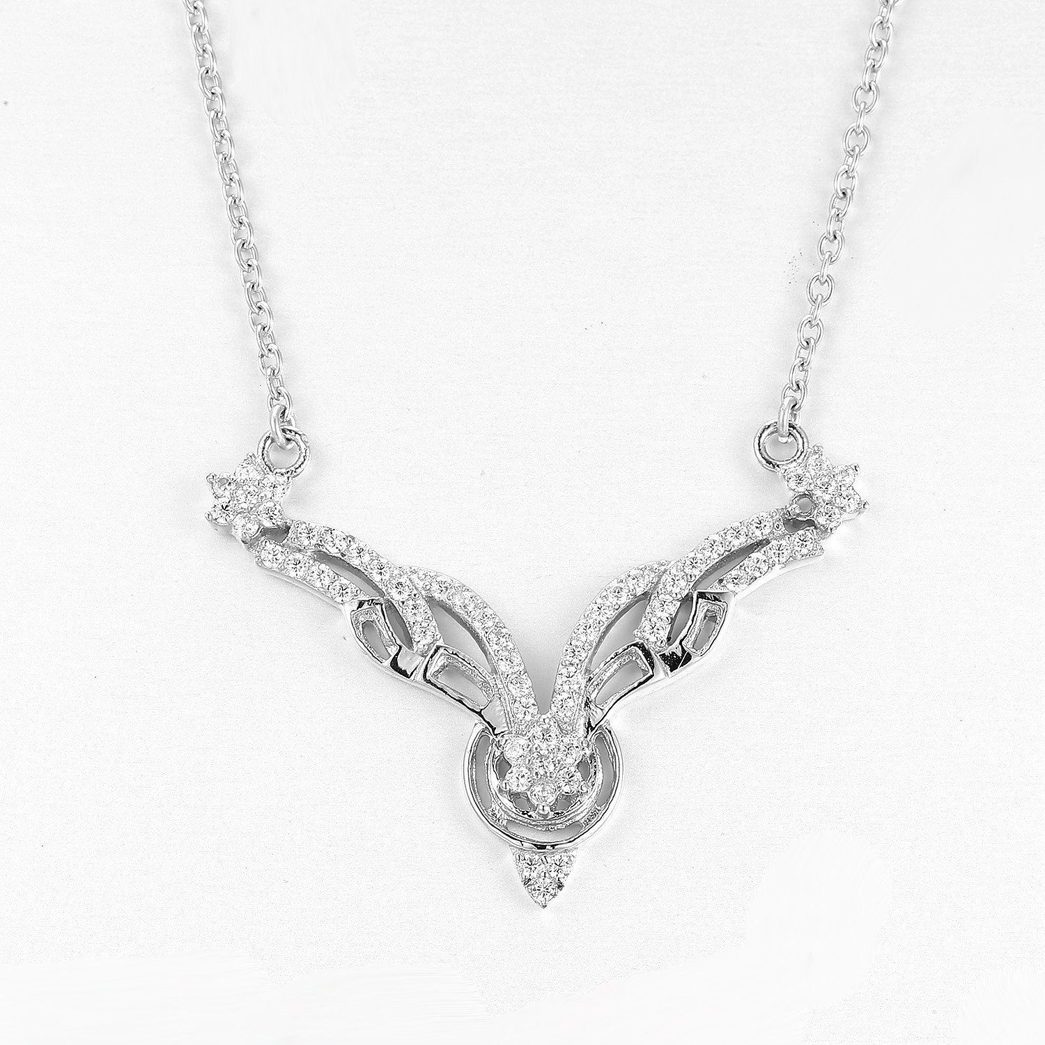 Symmetrical Twin Flower 925 Sterling Silver Necklaces 4.98g St Christopher Pendant