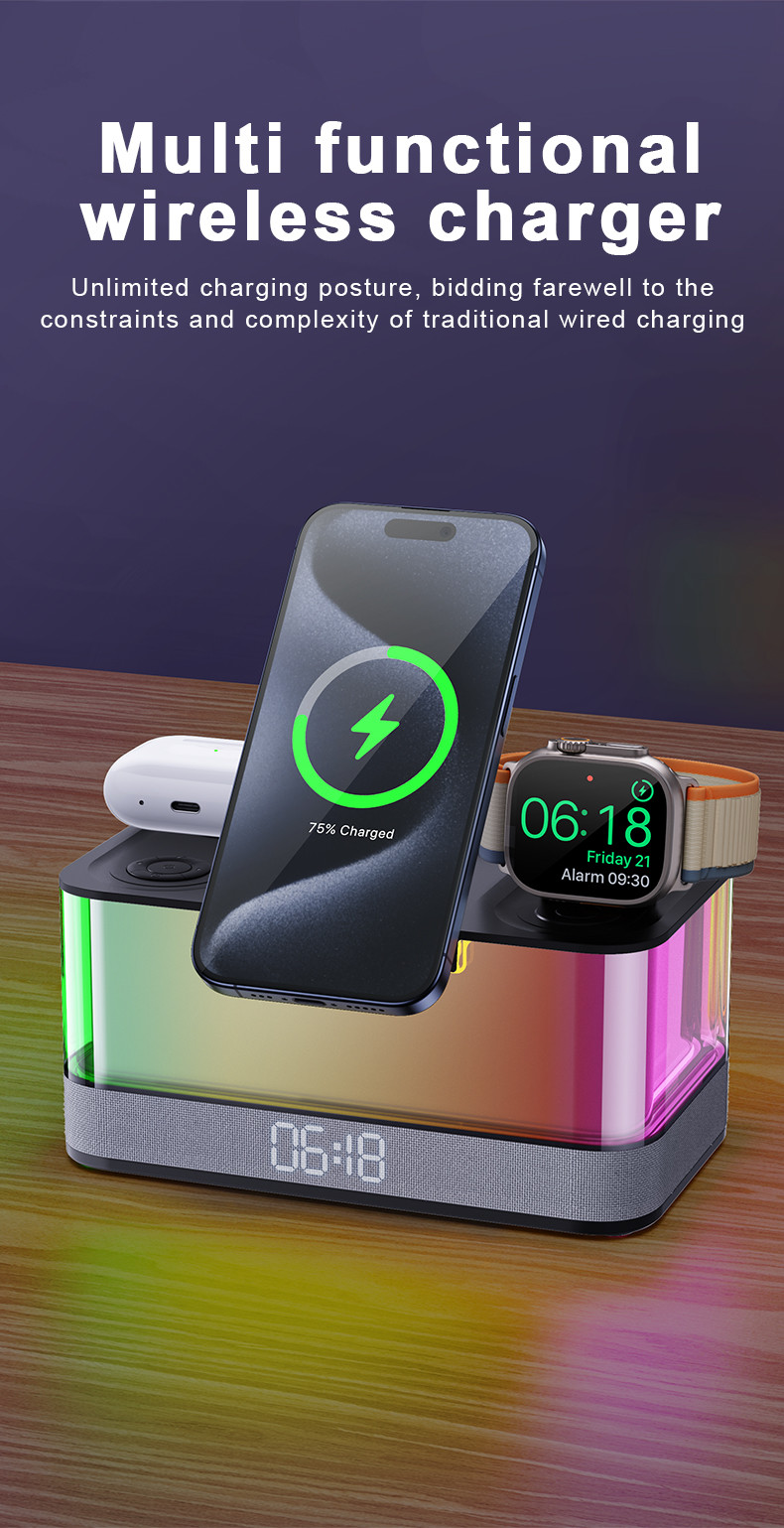 Colorful Lights Wireless Charger for iPhone iWatch and AirPods with Bluetooth Speaker