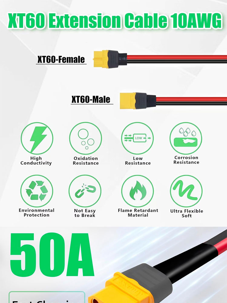 10AWG 12AWG Male to Female XT60 XT60H Connector Extension Adapter Cable for RC Battery Power Station Solar Panel