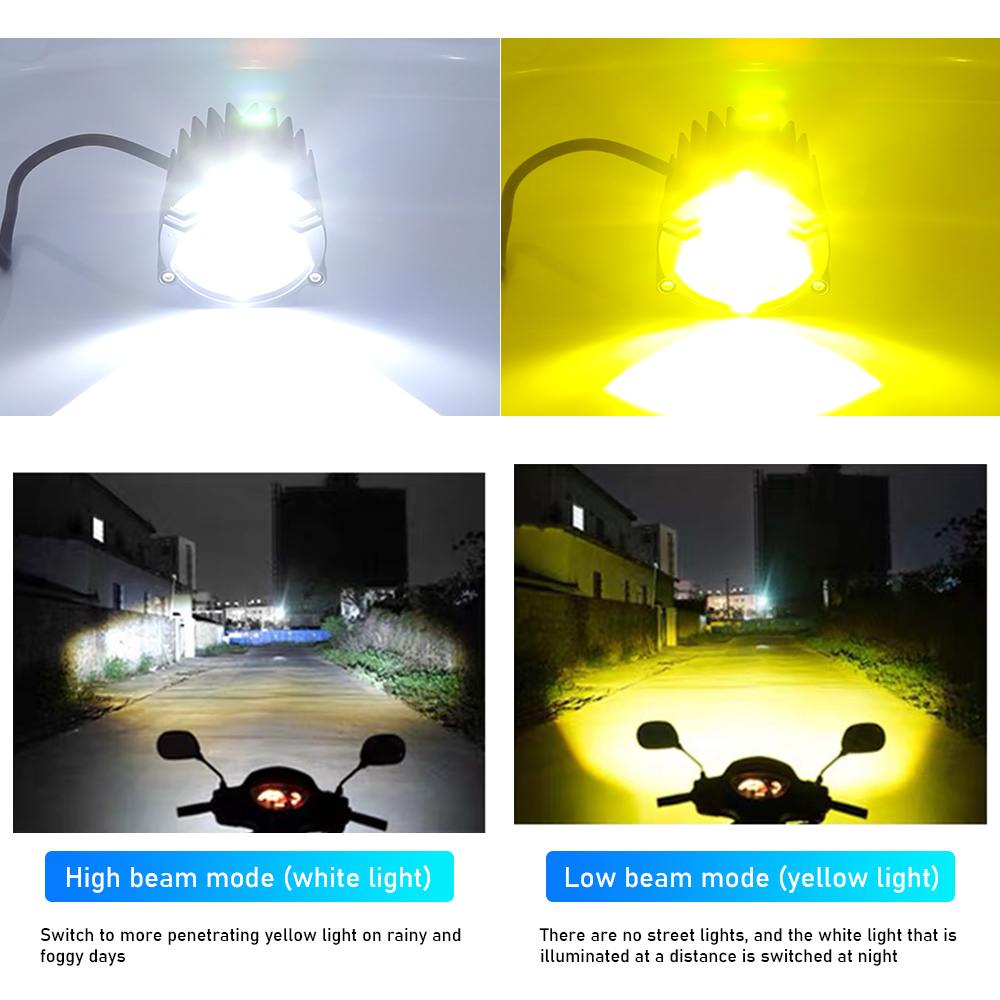 2 Beam White Yellow Flash 80V Motorcycle Universal LED Spotlight