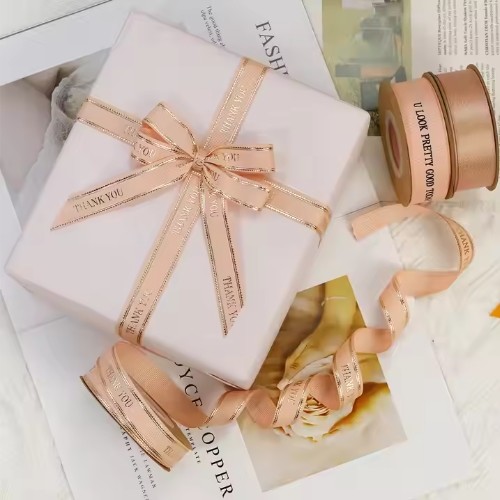 High Light Custom Gold Foil 3D Embossed Satin Ribbon Polyester Material for Birthday Decorations