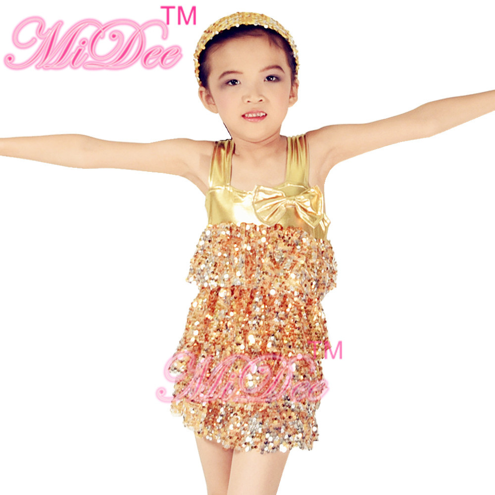 Metalic Edged Kids Dance Outfits Tiered Full Sequin Dress Shorts Including