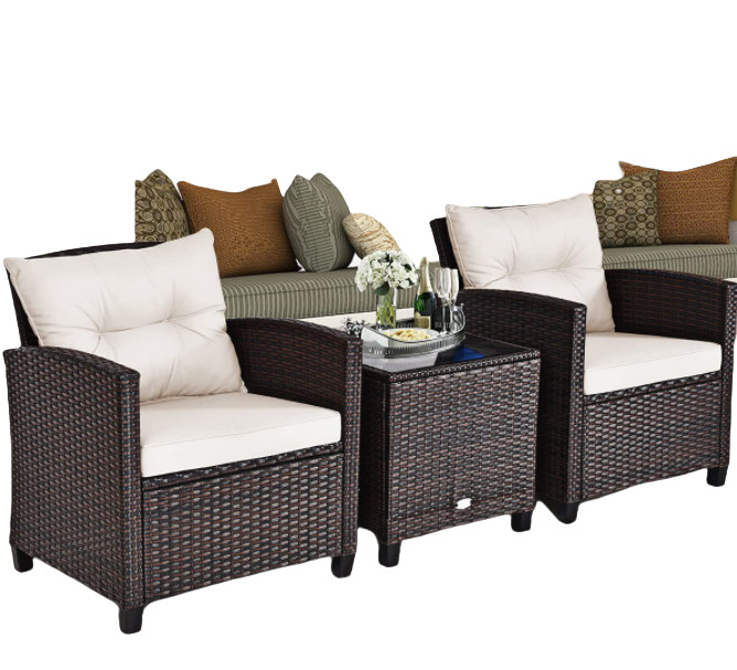 3pc Patio Wicker Bistro Conversation Patio Balcony Poolside-2 Cushioned Armchairs Glass Topped Table Outdoor Rattan Sofa