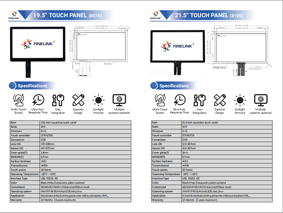 10.1-21.5 Inch G G PCAP Touch Panel Capacitive Touch Panel For Industrial
