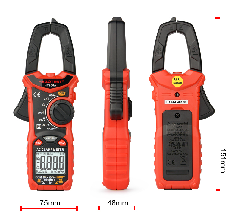 Manual 60A Digital Clamp Meters , 6000 Counts Clamp Voltage Meter