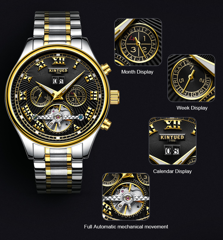 Black Dial Tourbillon Mechanical Watch Stainless Steel Skeleton Watch
