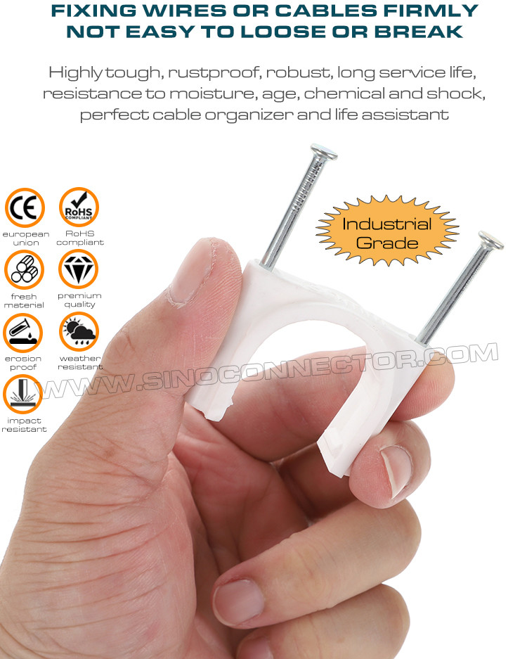 Double Nail Cable Clips (Double Nail Pipe Clips), Round Type, Two Steel Nails, Polyethylene, White/Black, 30mm~50mm, For Large Cables