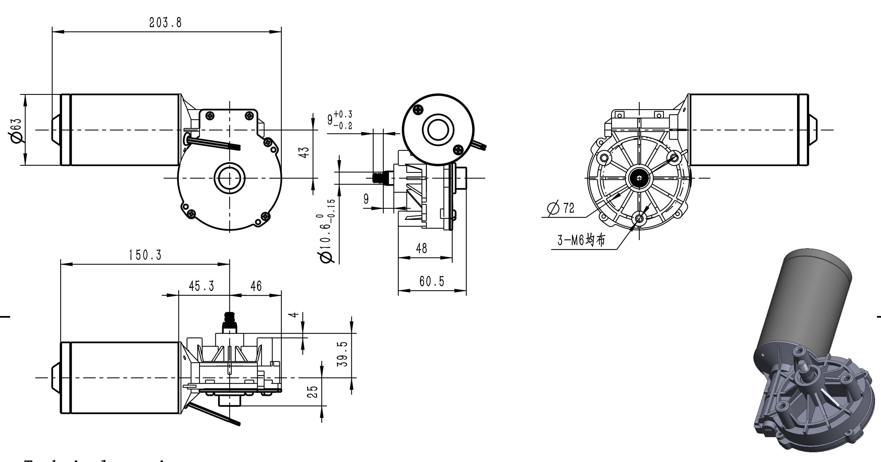 92WG63105-XXX-80K 1:80 Reduction Ratio Dc Worm Gear Motor 24v 68rpm