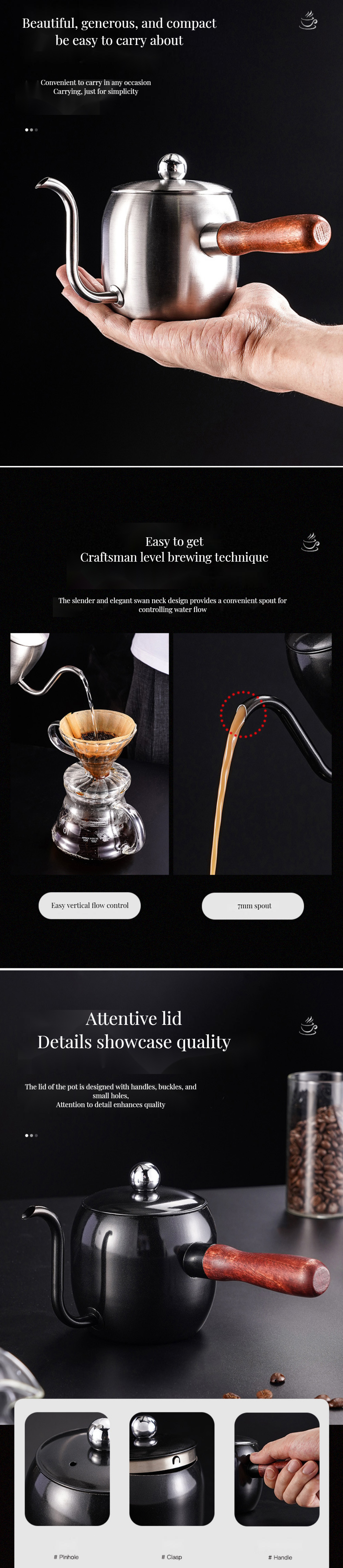 Long Mouth 304 Stainless Steel Coffee Pot with 500ml Capacity and Wooden Handle