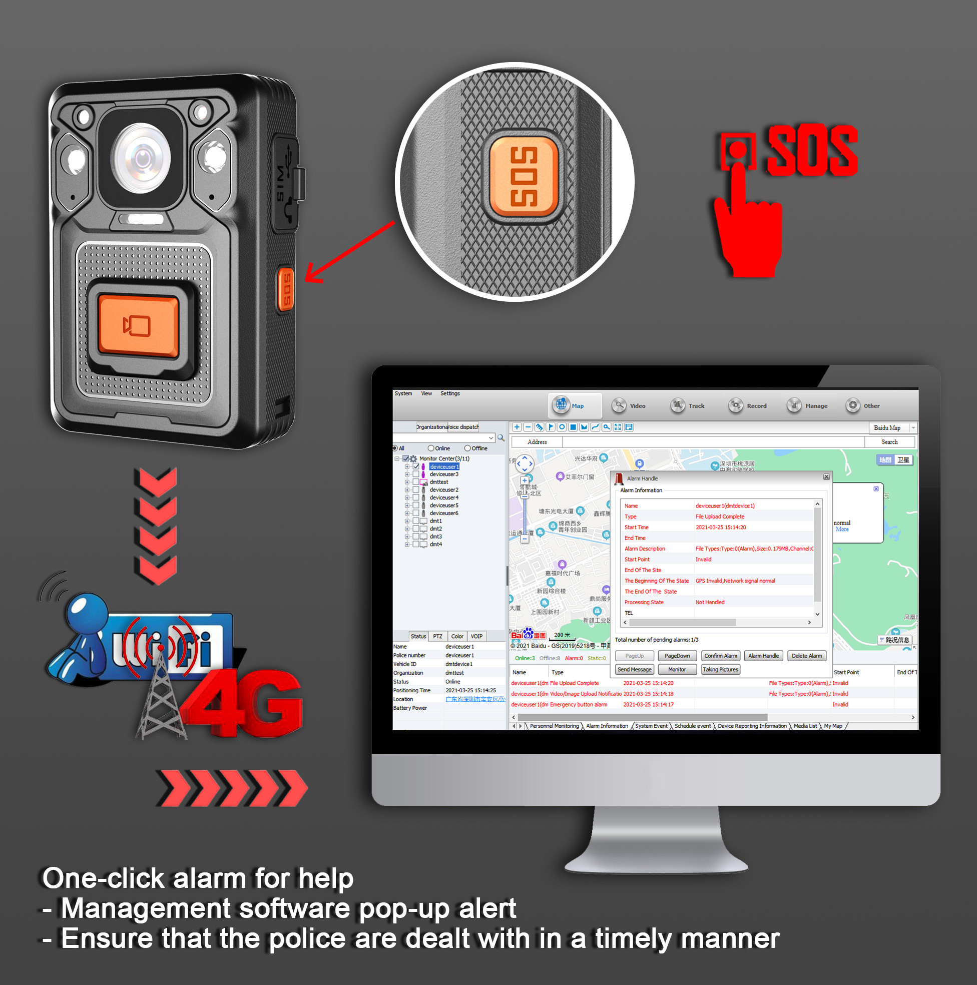 4G Body worn camera live stream video PTT intercom GPS Location ON-VIF