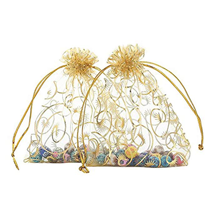 Yellow Mesh Jewelry Bags , Drawstring Jewelry Pouch Gold Silk Screen Printing