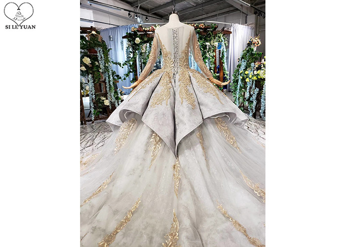 Gold Tailor Made Prom Dresses / Long Sleeve Ball Gown Lace Beading Big Tail