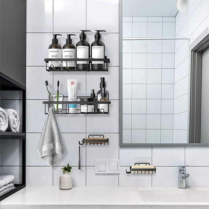 4PK No Drilling Adhesive Wall Mounted Bathroom Shelf Shower Caddy with 2 Soap Dishes