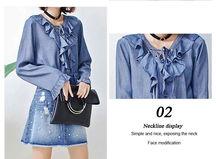 Fashion Ruffle Tie Denim Blouses And Tops , Women's Denim Shirts Long Sleeve