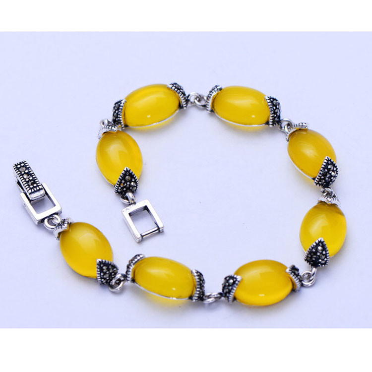 Thai 925 Vintage Sterling Silver Yellow Cubic Zircoina Tennis Bracelet (055728)