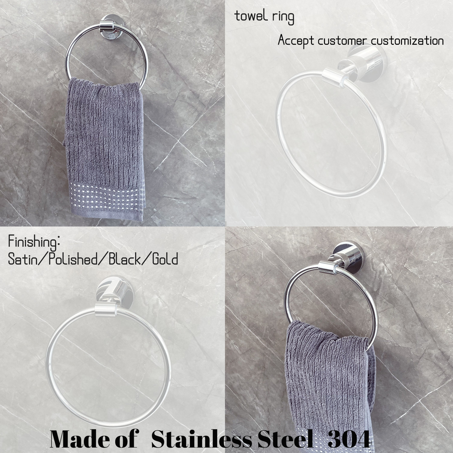 Rust Free Bathroom Towel Rings Wall Mounted Sus304 Polished Mirror Finish