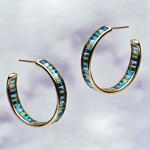Jewelry Main Material Silver Baguette Blue and Green Topaz Stud Hoops for Classic Style