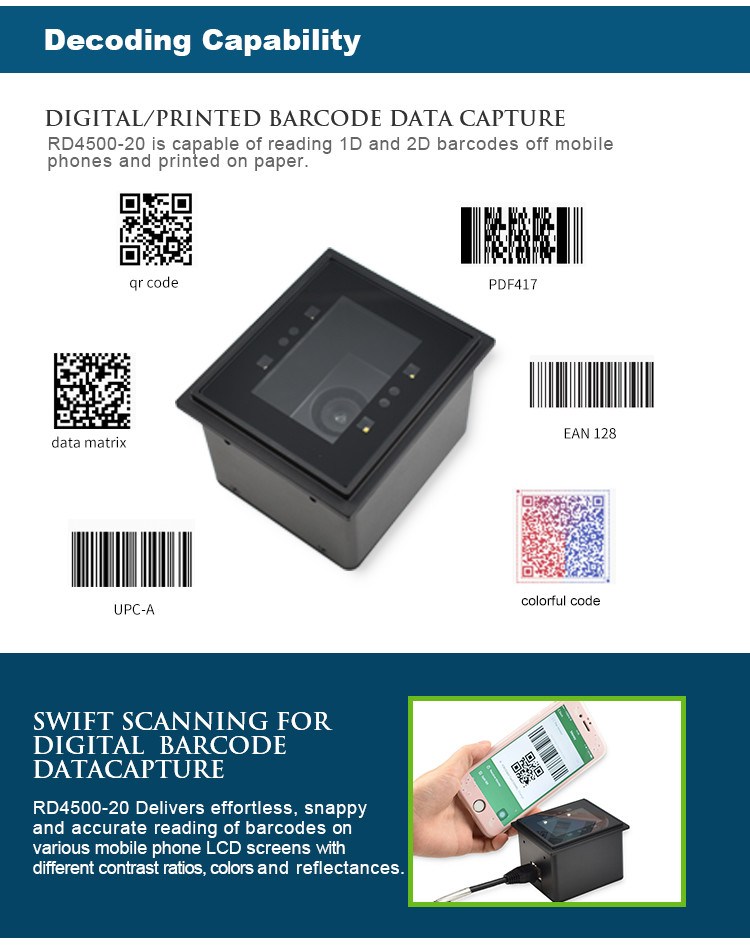 RS232 1D 2D Datamatrix RD4500R Fixed Mount Barcode Scanner For Kiosk