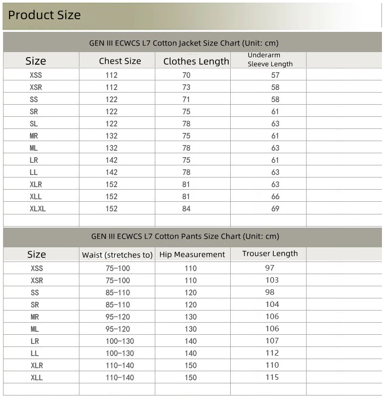 Custom XLR Tactical Military Uniform Lightweight Thickened Cold Protection