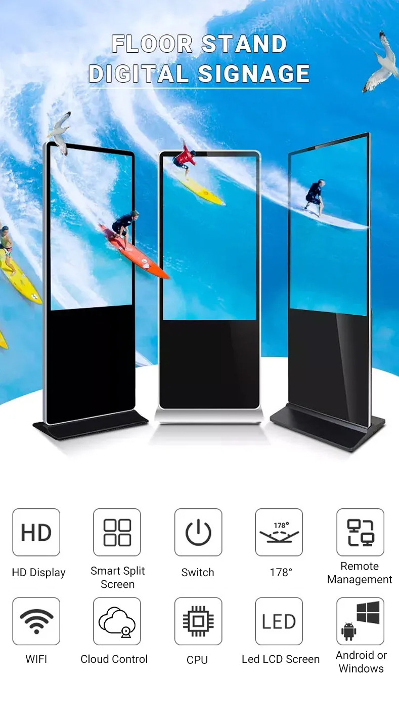 89 Visual Angle Floor Standing Digital Signage 1920 X 1080 Resolution 65''