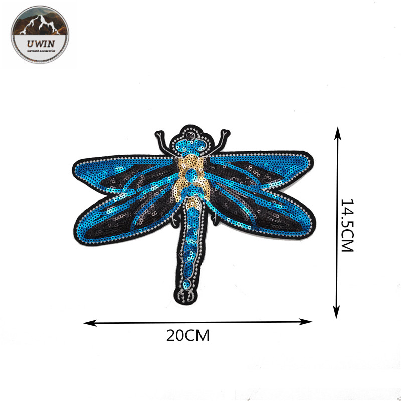 3D Fashionable Embroidered Bird Patches , Handmade Blue Dragonfly Iron On Applique