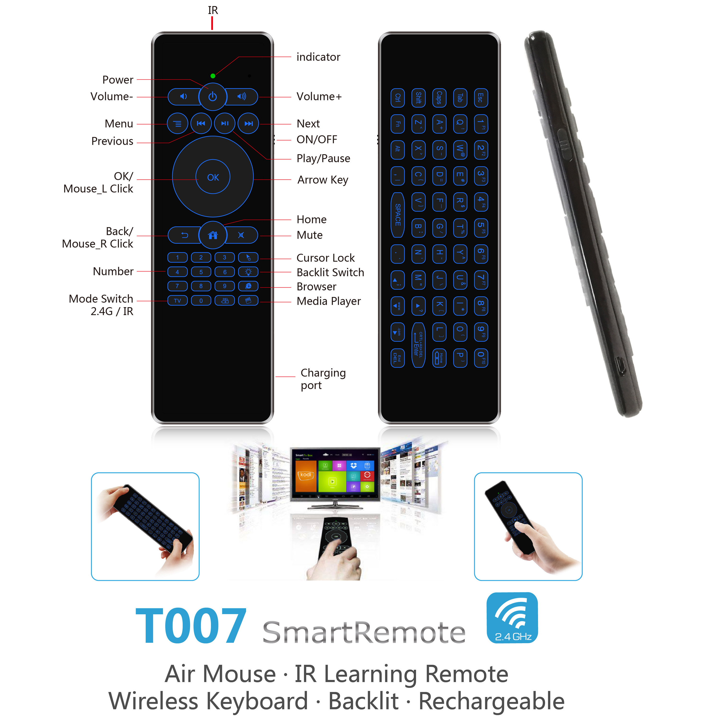 Smart TV Air Keyboard Mouse , Air Mouse Remote Keyboard With 7 Colors Backlight